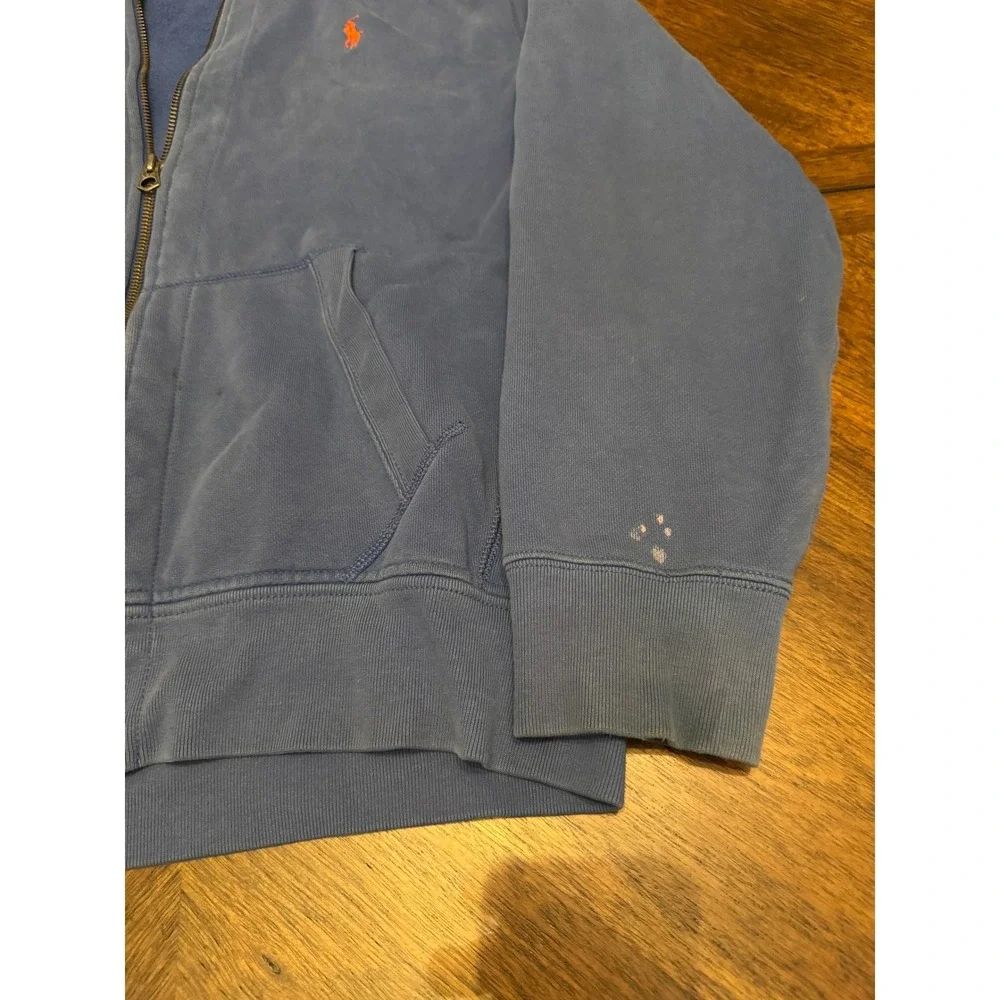 Polo Ralph Lauren Mens Blue Full Zip Hoodie Orange Pony Logo‎ Distressed Large